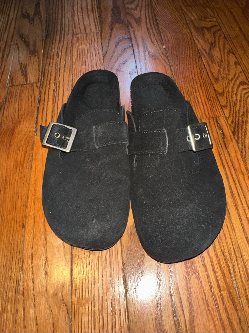 Black Suede Buckle Slip-On Clogs